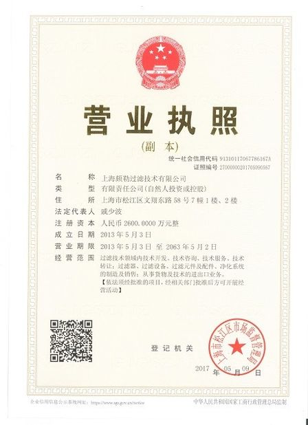 China Shanghai Pullner Filtration Technology Co., Ltd. Certificaciones